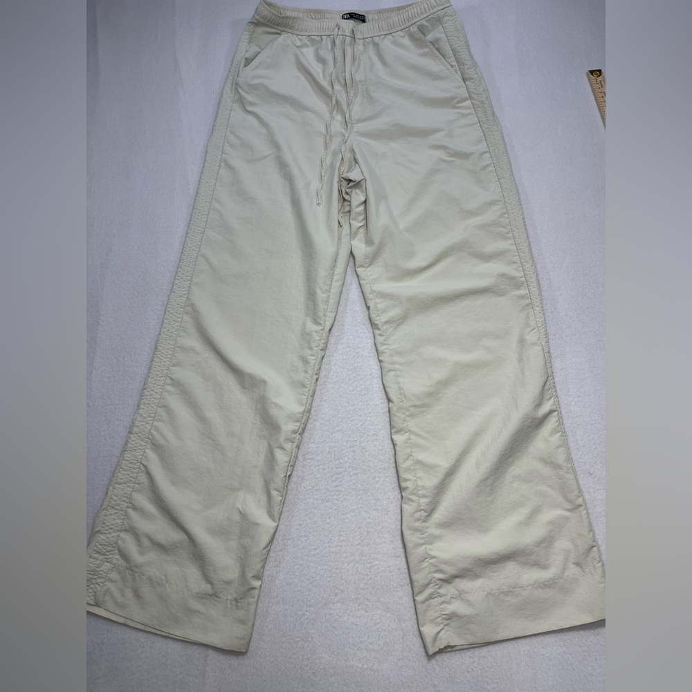 Zara Wide Leg Pants Cream Drawstring Elastic Waist Size S